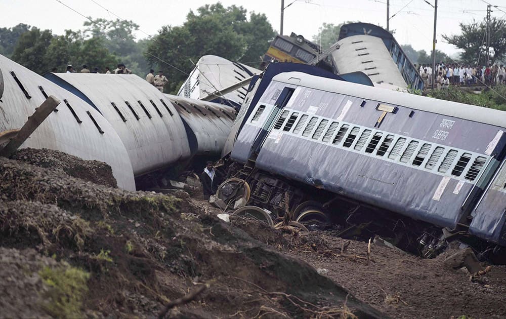 Wreckage of Kamayani Express and Janata Express trains which derailed within minutes of each other while crossing a small bridge at Harda in Madhya Pradesh.