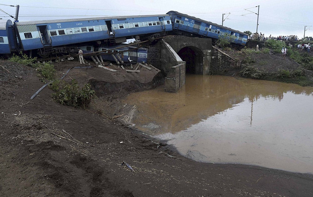 A view of the site where Kamayani Express and Janata Express trains derailed within minutes of each other while crossing a small bridge at Harda in Madhya Pradesh.