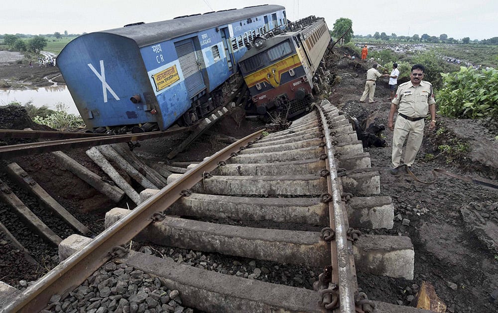 Wreckage of Kamayani Express and Janata Express trains which derailed within minutes of each other while crossing a small bridge at Harda in Madhya Pradesh.