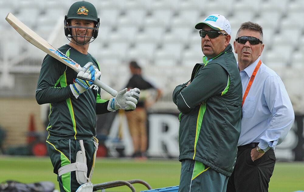 Australia captain Michael Clarke, Australia’s Head Coach Darren Lehmann and Chairman of selectors Rodney Marsh during net practice in preparation for the fourth Ashes Test cricket match against England, at Trent Bridge, Nottingham, England.