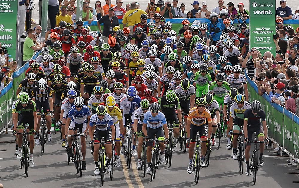 Cyclists begins the third stage of the Tour of Utah at Antelope Island State Park, Utah.