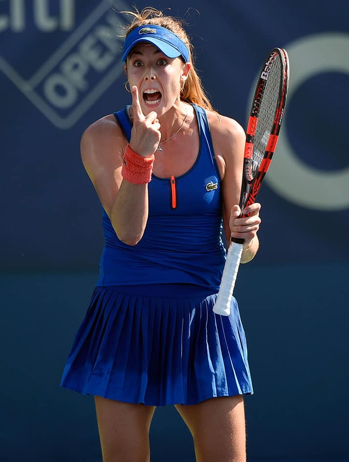 Alize Cornet, of France, reacts during a match against Louisa Chirico at the Citi Open tennis tournament.