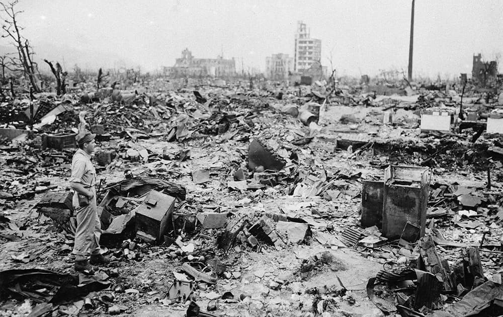 FILE PHOTO - In this Sept. 8, 1945, only a handful of buildings remain standing amid the wasteland of Hiroshima, the Japanese city reduced to rubble following the first atomic bomb to be dropped in warfare, a US plane dropped an atomic bomb on Hiroshima, the first nuclear weapon has been used in war.
