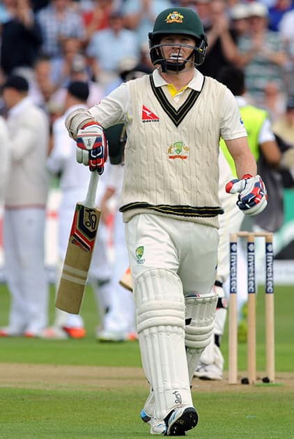 Australia’s Chris Rogers walks back to the pavilion after being bowled by Stuart Broad caught England’s Alastair Cook for a duck during day one of the fourth Ashes Test cricket match, at Trent Bridge, Nottingham, England.