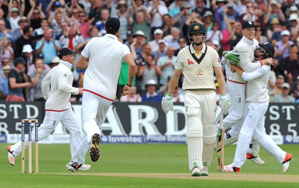 Australia’s Adam Voges, after being bowled by England’s Stuart Broad caught England’s Ben Stokes for 1 run during day one of the fourth Ashes Test cricket match, at Trent Bridge, Nottingham, England.