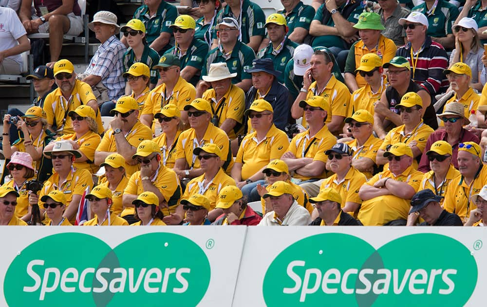 Australian fans sit in the stands as their team struggle during the first session on the first day of the fourth Ashes test cricket match between England and Australia at Trent Bridge cricket ground in Nottingham, England.