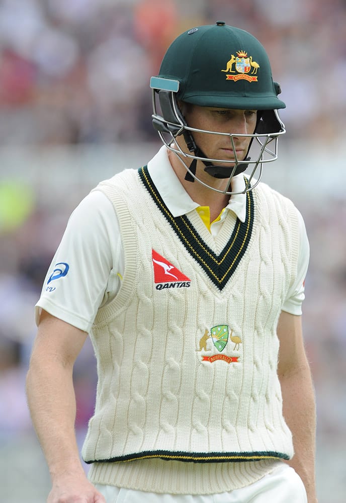 Australia’s Adam Voges returns to the pavilion after being bowled by England’s Stuart Broad caught England’s Ben Stokes for 1 run during day one of the fourth Ashes Test cricket match, at Trent Bridge, Nottingham, England.