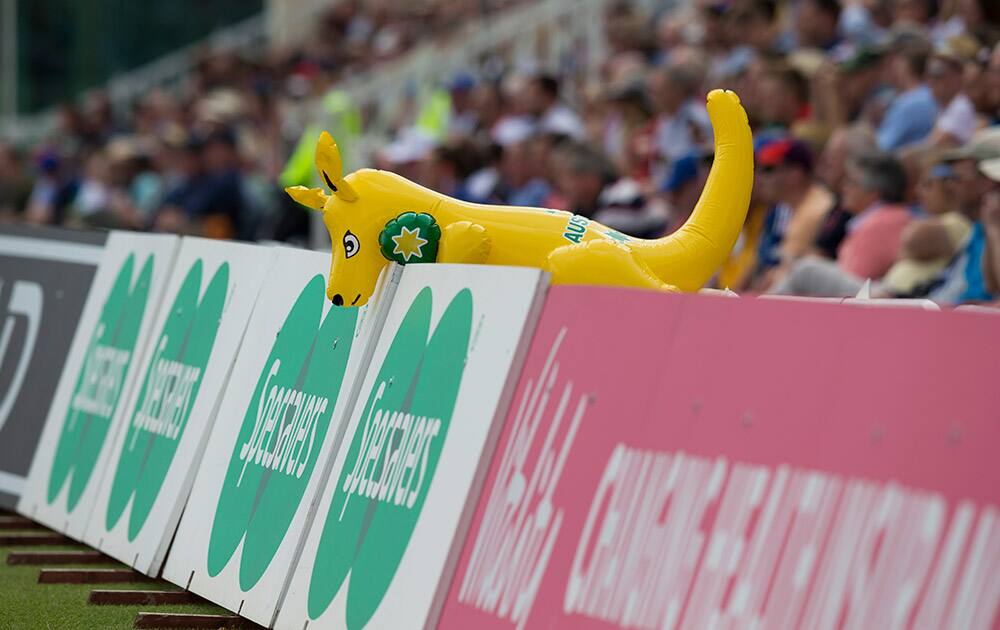 An Australian mascot is seen as the team struggle during the first session on the first day of the fourth Ashes test cricket match between England and Australia at Trent Bridge cricket ground in Nottingham, England.