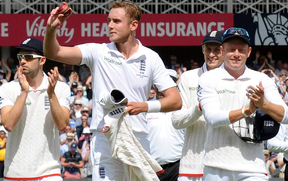 England’s Stuart Broad acknowledges fans after finishing taking 8 Australia wickets for 15 runs during day one of the fourth Ashes Test cricket match, at Trent Bridge, Nottingham, England.