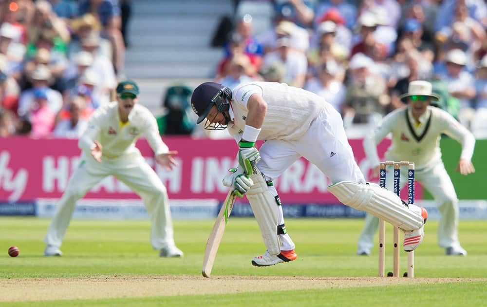 England's Ian Bell jumps as he looses his wicket LBW for 1 off the bowling of Australia's Mitchell Starc on the first day of the fourth Ashes test cricket match between England and Australia at Trent Bridge cricket ground in Nottingham.