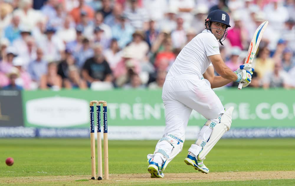 England's Alastair Cook bats on the first day of the fourth Ashes test cricket match between England and Australia at Trent Bridge cricket ground in Nottingham.