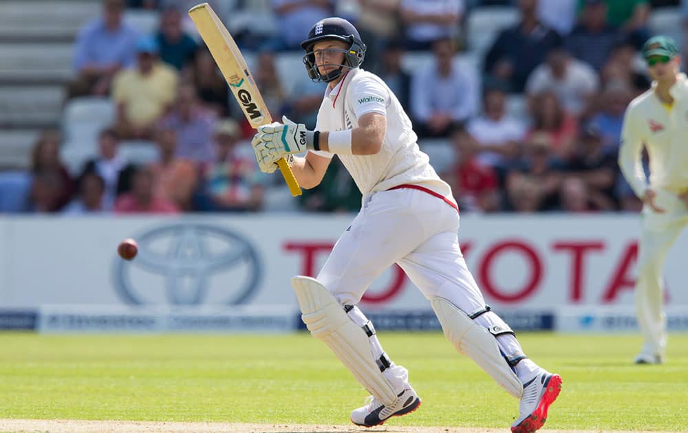 England's Joe Root bats on the first day of the fourth Ashes test cricket match between England and Australia at Trent Bridge cricket ground in Nottingham.