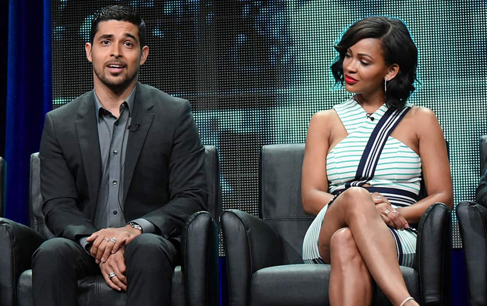 Wilmer Valderrama and Meagan Good participate in the 'Minority Report' panel at the Fox Summer TCA Tour at the Beverly Hilton Hotel, in Beverly Hills, Calif.