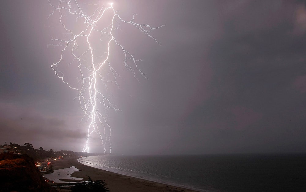 Lightning strikes south of Aptos, Calif. According to the National Weather Service the storm system will bring the chance of thunderstorms to the waters Thursday, with light to moderate winds across the coastal waters through Friday.