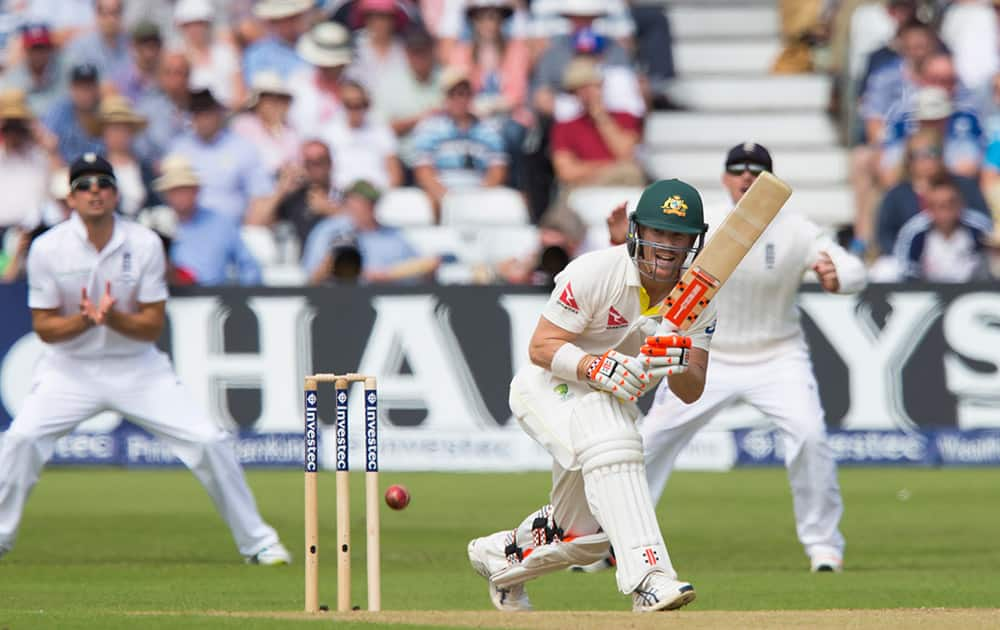 Australia's David Warner plays a ball from England's Stuart Broad on the second day of the fourth Ashes test cricket match between England and Australia at Trent Bridge cricket ground in Nottingham, England.