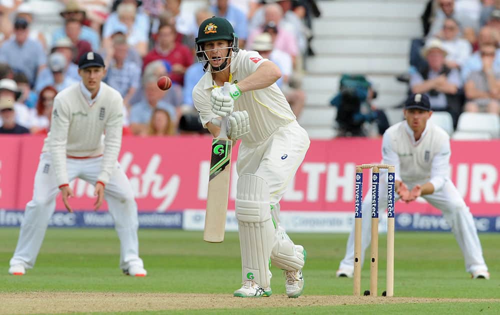 Australia’s Adam Voges plays a shot during day two of the fourth Ashes Test cricket match, at Trent Bridge, Nottingham, England