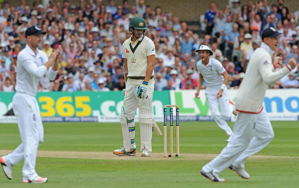Australia’s Mitchell Starc can only watch as he is bowled by England’s Ben Stokes caught England’s Ian Bell for a duck during day three of the fourth Ashes Test cricket match, at Trent Bridge, Nottingham, England.