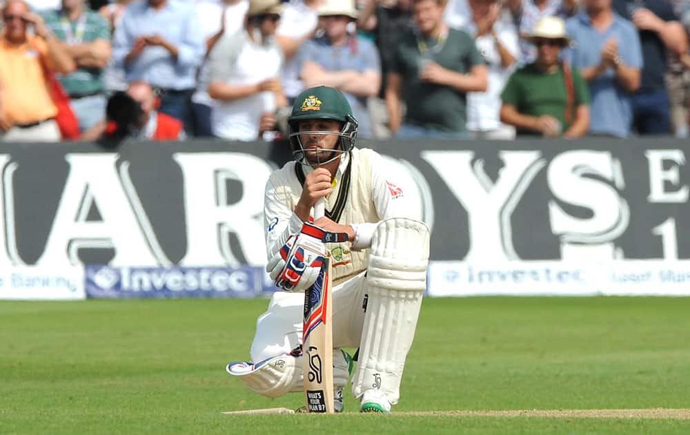 Australia’s Nathan Lyon reacts after being bowled by England’s Mark Wood and England beat Australia by an innings and 78 runs to win the Ashes during day three of the fourth Ashes Test cricket match, at Trent Bridge, Nottingham, England.