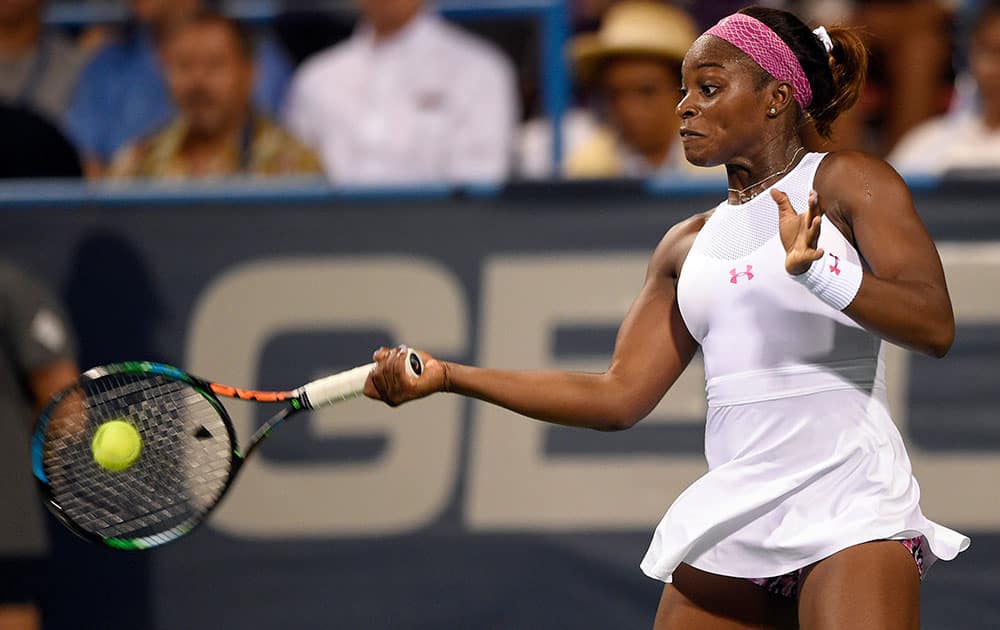 Sloane Stephens returns the ball to Samantha Stosur, of Australia, during a women's semifinal match at the Citi Open tennis tournament, in Washington. 