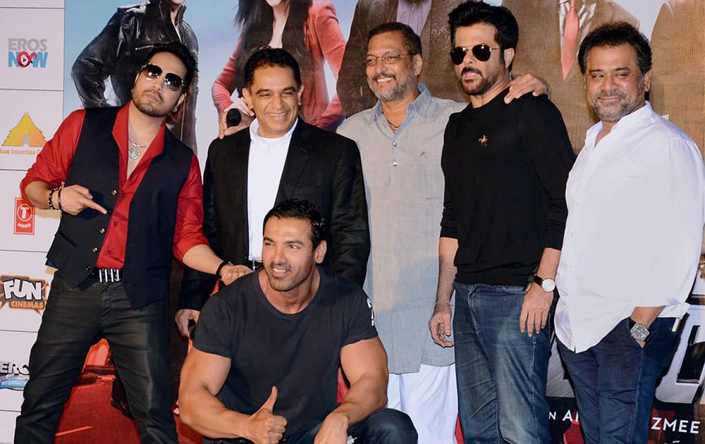 Bollywood actors Anil Kapoor, Nana Patekar, John Abraham, singer Mika Singh, filmmaker Anees Bazmee and Firoz Nadiadwala during the launch of title track song of film Welcome Back in Mumbai.