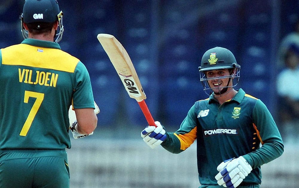 South Africa A player Quinton de Kock celebrating his century during third unofficial match of India A Team Triangular Series against India A at MAC Stadium in Chennai on Sunday. Ten out of the 16 South Africa A players have been hospitalised due to food poisoning.