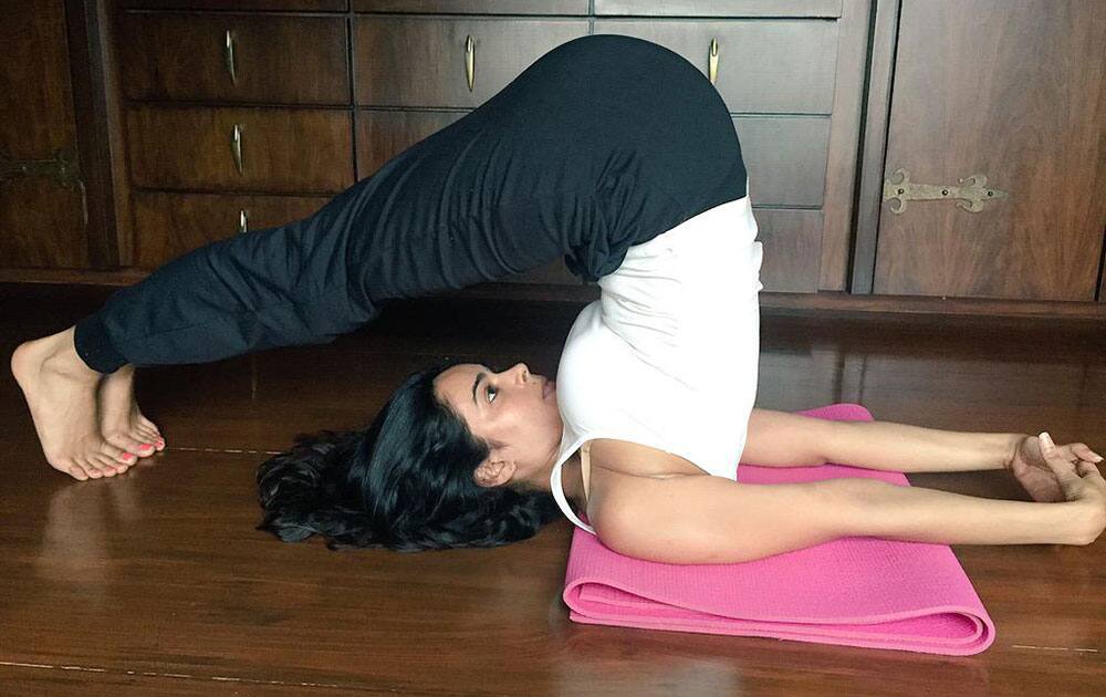 Mallika Sherawat ‏:- Another great yoga asana is Halasana ,calms the nervous system & reduces stress,Gud 4 thyroid gland #yogabyMallika -twitter

