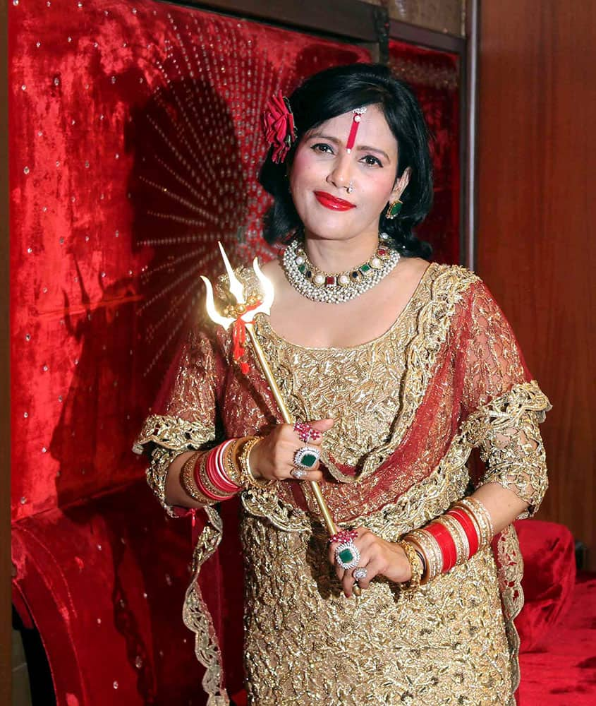 Radhe Maa during an interaction with the media in Mumbai.