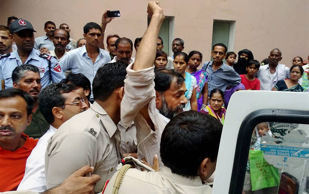 Swaraj Abhiyan leader Yogendra Yadav, detained by the police, after his medical examination at the RML Hospital in New Delhi.