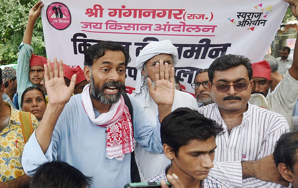 Swaraj Abhiyan leader Yogendra Yadav during a protest march over Land Bill at Parliament Street in New Delhi.