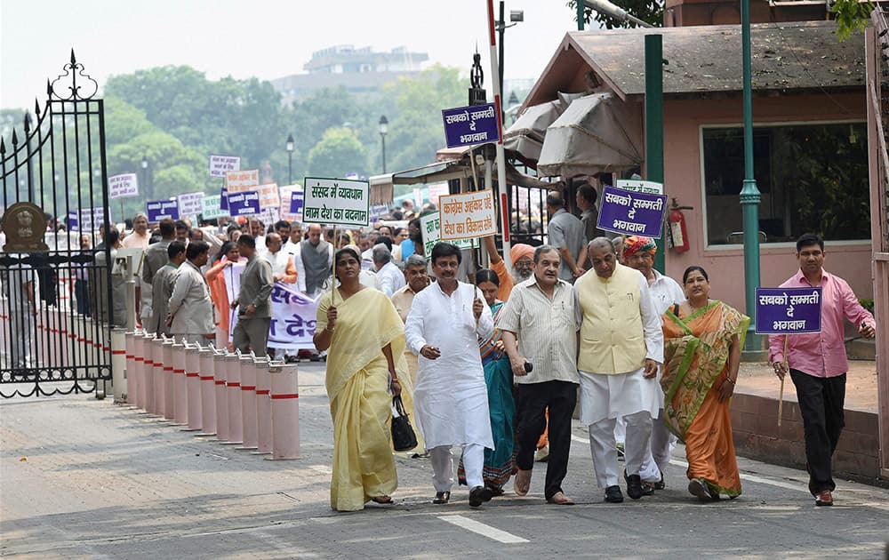 Union Cabinet Ministers and NDA MPs during their Save Democracy protest march from Vijay Chowk to Parliament House in New Delhi.