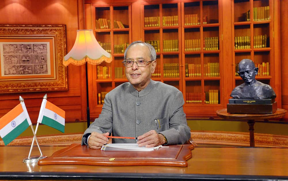 President Pranab Mukherjee addresses the Nation on the eve of Independence Day, in New Delhi.