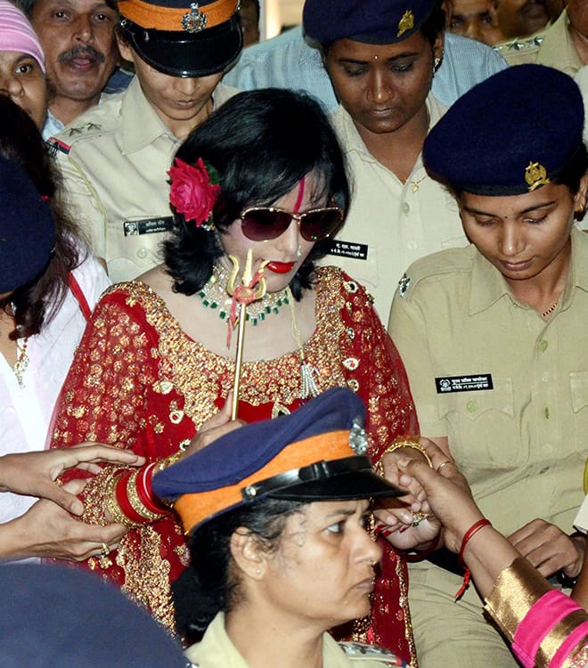 Radhe Maa after being questioned at Kandivali Police Station in Mumbai.