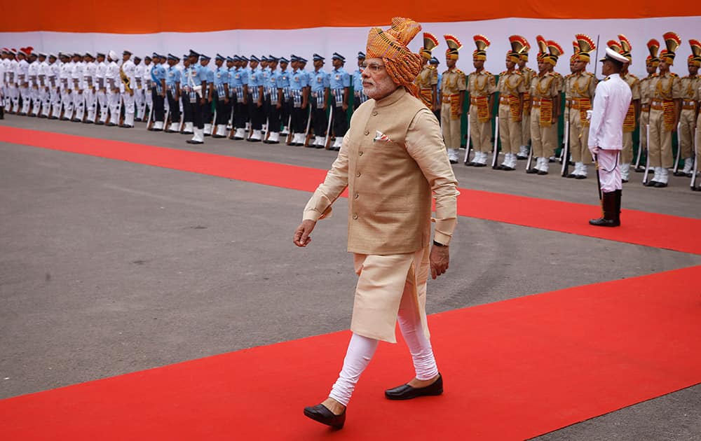 Prime Minister Narendra Modi arrives at the Red Fort to address the nation on occasion of Independence Day in New Delhi.