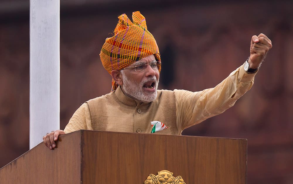 Prime Minister Narendra Modi addresses the nation on the country's Independence Day from the ramparts of the historical Red Fort in New Delhi.