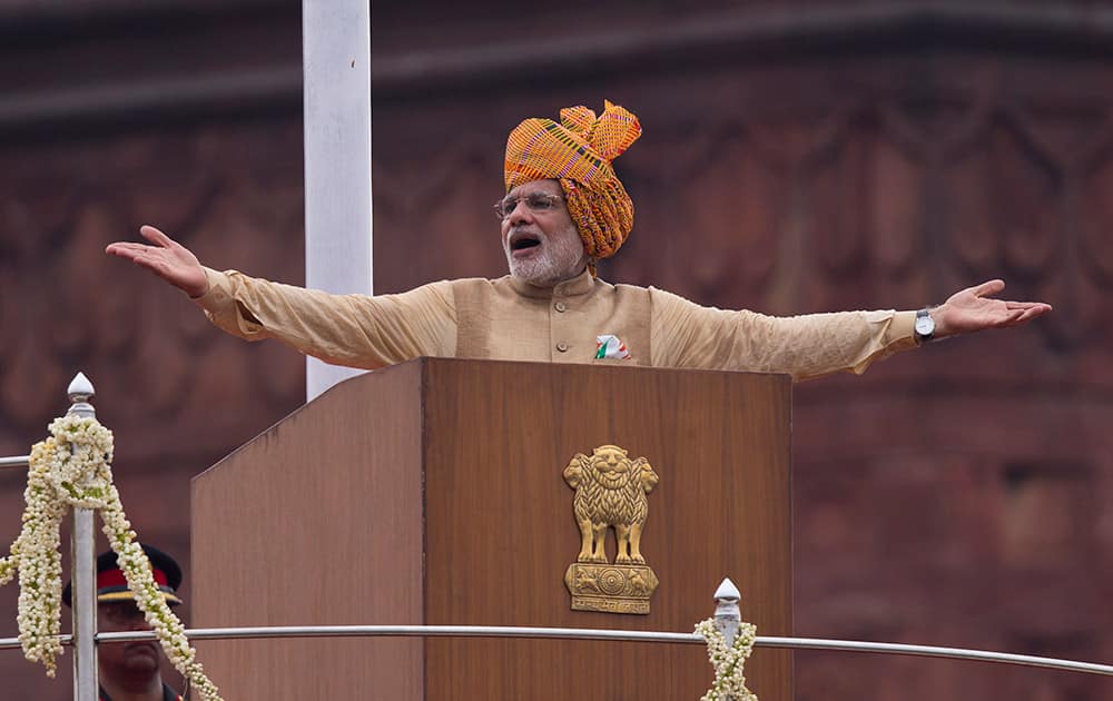 Prime Minister Narendra Modi addresses the nation on the country's Independence Day from the ramparts of the historical Red Fort in New Delhi.