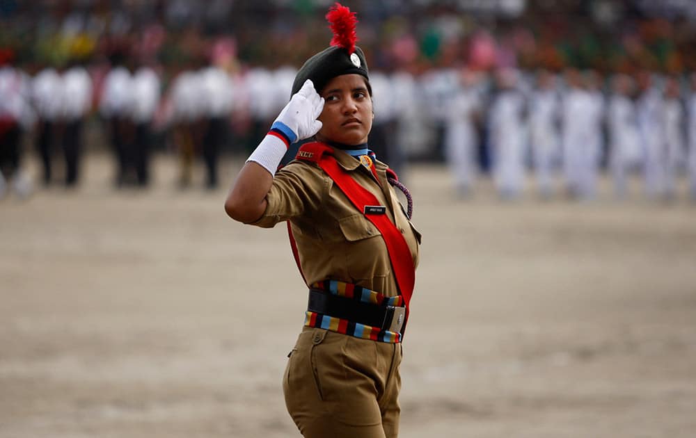 A cadet of the National Cadet Corps (NCC) participates in a march on the occasion of 69th anniversary of India's independence from British rule, in Jammu.
