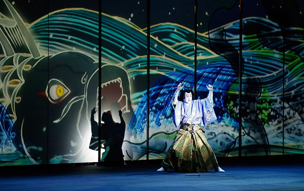 A man performs in the Kabuki Spectacle in front of the Bellagio hotel and casino, in Las Vegas.