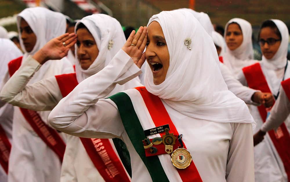 Kashmir students salute during the 69th Independence Day celebrations in Srinagar.