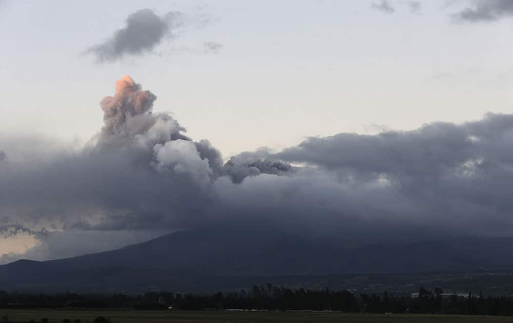 A view of Cotopaxi volcano spewing ashes as seen from Latacunga, Ecuador.