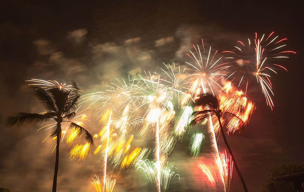 Fireworks from Nagaoka City, Japan explode over Ford Island to celebrate the 70th anniversary of the end of World War II at Joint Base Pearl Harbor-Hickam in Honolulu.