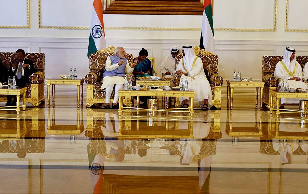 Prime Minister Narendra Modi with the Crown Prince of Abu Dhabi Sheikh Mohammed Bin Zayed al Nahyan on his arrival in Abu Dhabi.
