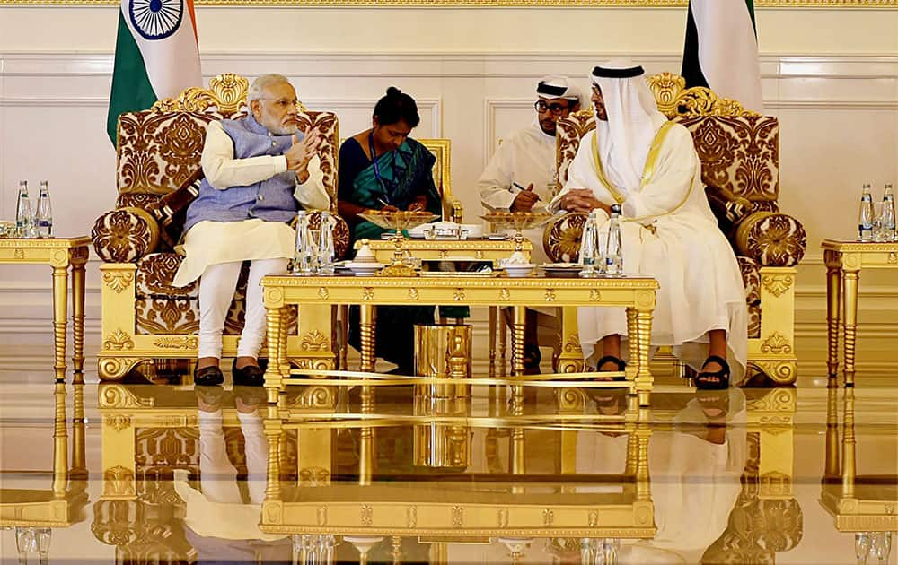 Prime Minister Narendra Modi with the Crown Prince of Abu Dhabi Sheikh Mohammed Bin Zayed al Nahyan on his arrival in Abu Dhabi.