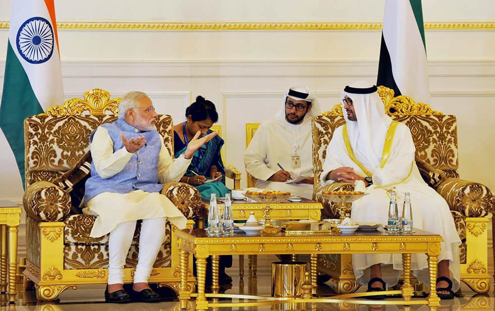 Prime Minister Narendra Modi with Crown Prince of Abu Dhabi, Sheikh Mohammed Bin Zayed al Nahyan in Abu Dhabi.