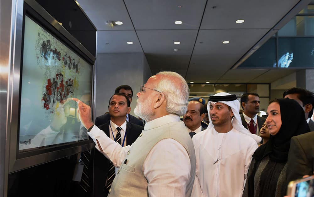 Prime Minister Narendra signs on his visit to Masdar city in Abu Dhabi, UAE.