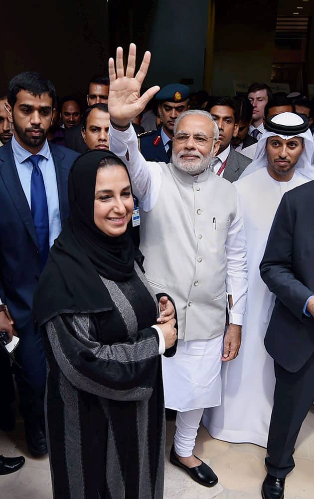 Prime Minister Narendra waves his hand during his visit to Masdar city.