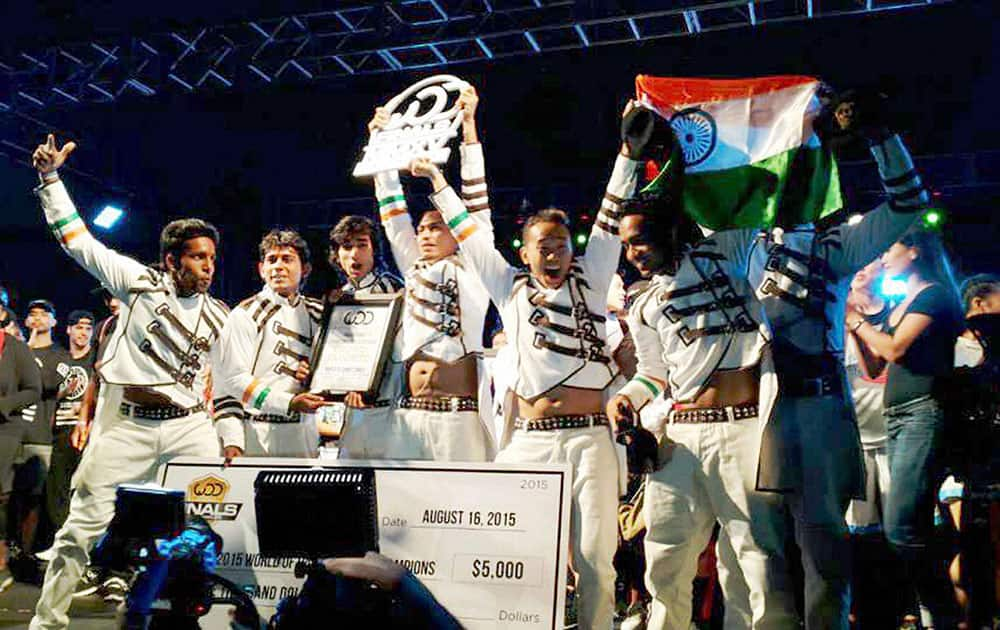 The crew of Bindass Naach’s ‘Desi Hoppers’ celebrates after winning World of Dance championship in Los Angeles.