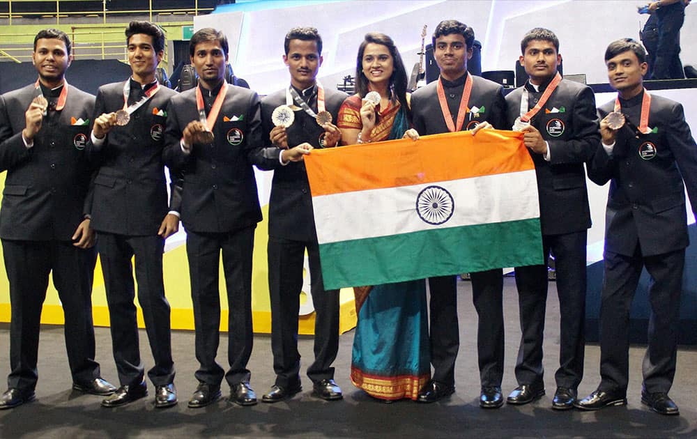 Indian team celebrates after winning 8 Medals for excellence at World Skills Competition, 2015 at Sao Paulo, Brazil.