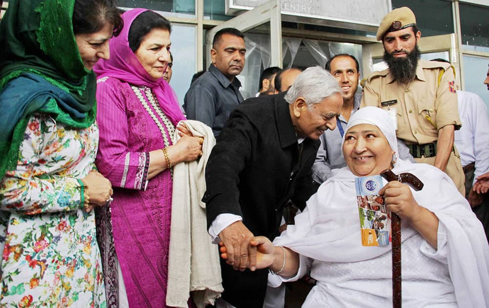 Jammu and Kashmir Chief Minister Mufti Mohammad Sayeed seeing off the first batch Haj pilgrims for Mecca in Srinagar.