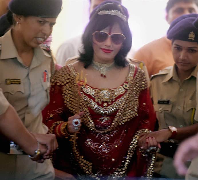 Radhe Maa after being questioned at Kandivali Police Station in Mumbai.