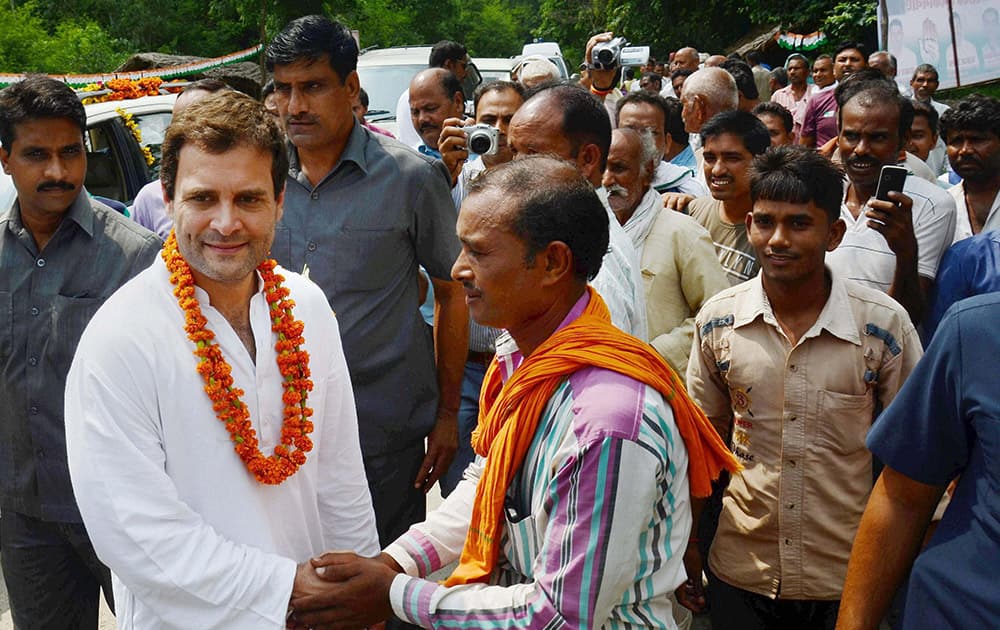 Congress Vice President Rahul Gandhi meeting people at Bhetua village in Amethi.